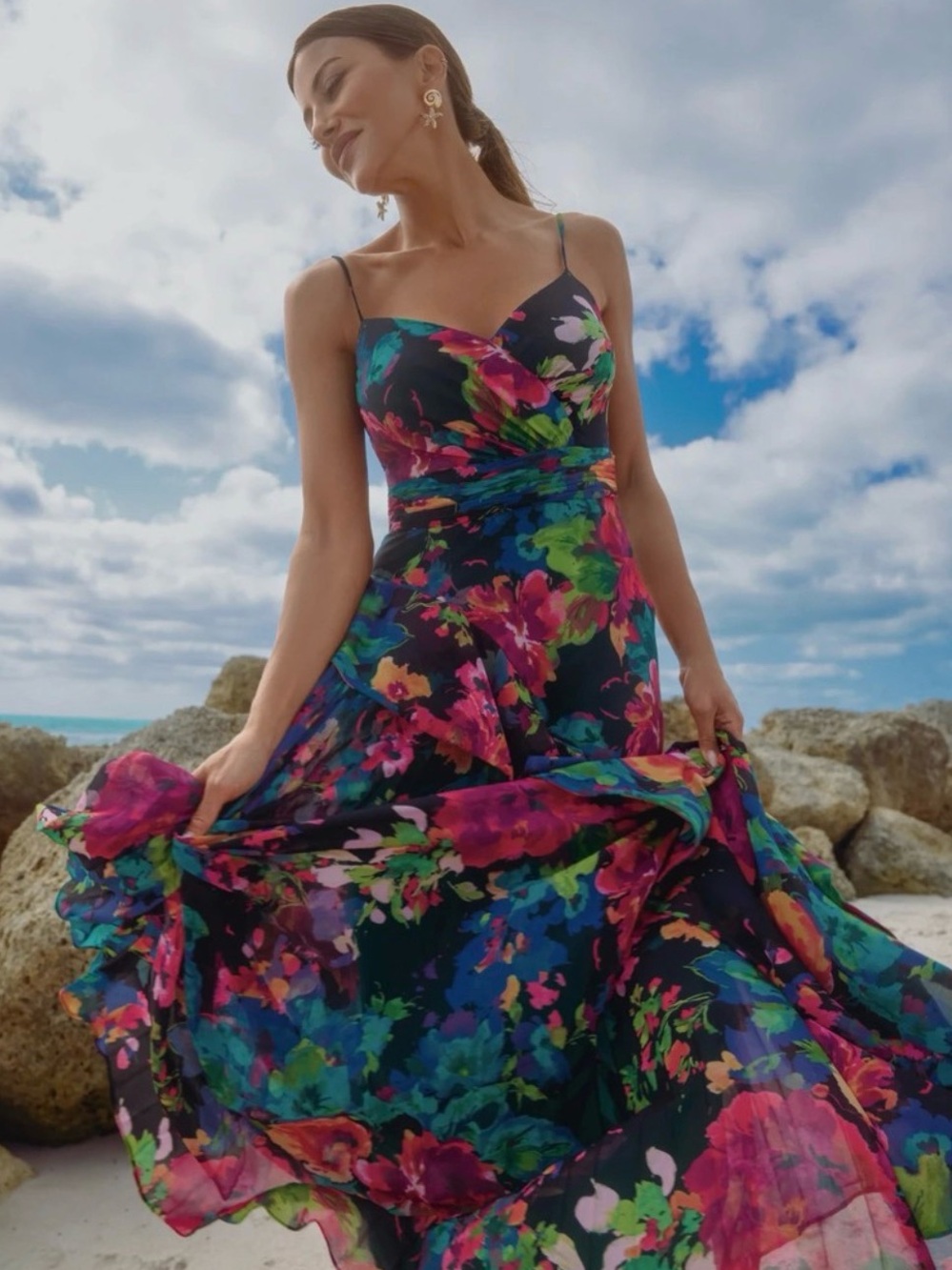 Xscape Multi Color Printed Pleated Chiffon Maxi Cocktail Dress